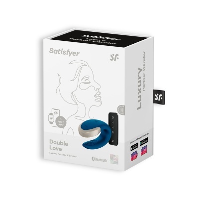 Embalagem branca do vibrador Satisfyer Double Love em azul com textos e ícones de Bluetooth e app