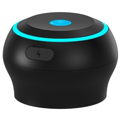 Dispositivo eletrônico preto redondo com luz azul