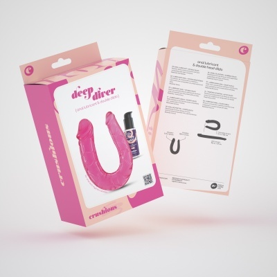 Brinquedo sexual rosa em forma de U com embalagem rosa e branca