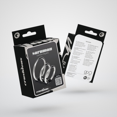 Caixa embalagem preta com anéis metálicos prateados e texto Saruman Contour Ring Set 1