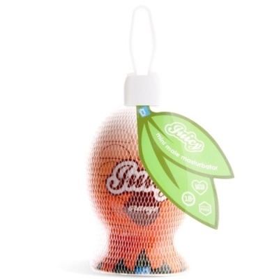 Masturbador masculino laranja em rede branca com etiqueta verde