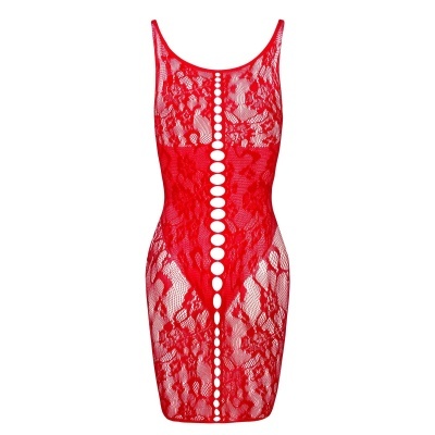 Vestido curto vermelho de renda com detalhes brancos no centro