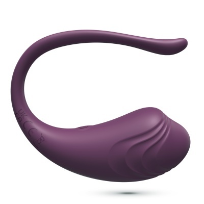 Aparelho sexual de silicone roxo curvado com superfície lisa e ondulada