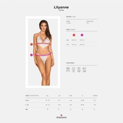 Mulher a usar lingerie branca com bolinhas, com tabela de tamanhos e detalhes do produto ao lado direito