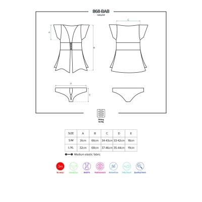 Desenho técnico de roupa íntima feminina com medidas e texto 868-BAB baby doll