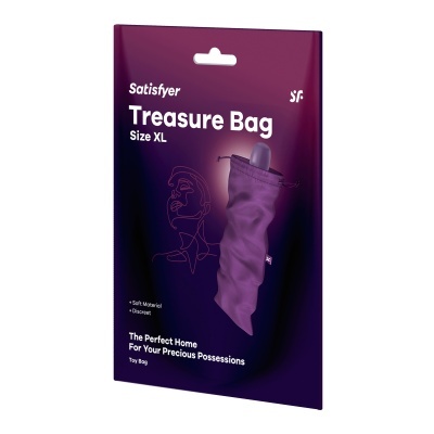 Embalagem roxa do Satisfyer Treasure Bag tamanho XL com imagem da bolsa e texto em inglês
