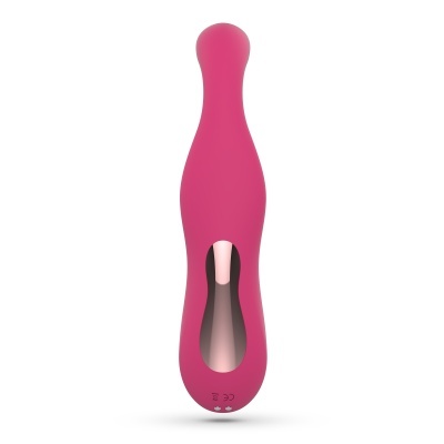 Vibrador rosa com detalhe metálico e base com ícones