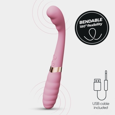 Vibrador cor-de-rosa com curva e textura, botão e cabo USB incluído