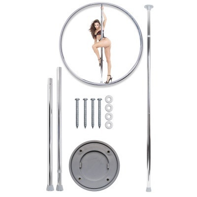 Conjunto de barra de pole dance desmontável com acessórios e imagem de mulher a usar a barra