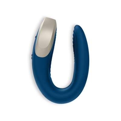 Dispositivo em forma de U azul escuro com detalhe bege