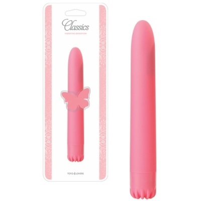Vibrador clássico cor de rosa embalado em embalagem branca com detalhes rosas