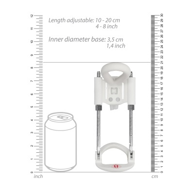 Aparelho ajustável branco com componentes metálicos e escalas métricas e de polegadas ao fundo