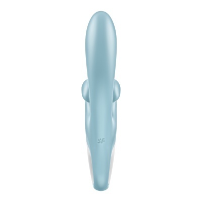 Vibrador azul claro e branco com textura lisa e letras SF