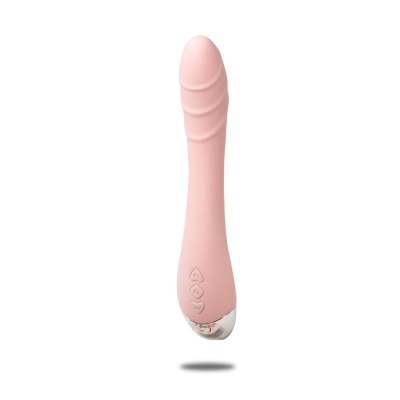 Vibrador cor-de-rosa claro com textura ondulada e base metálica