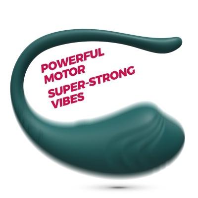 Vibrador pessoal verde-escuro com texto promocional ao lado