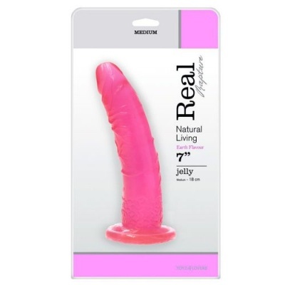 Dildo rosa jelly com textura realista em embalagem branca e rosa