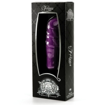Vibrador roxo na caixa preta com o nome Frigga