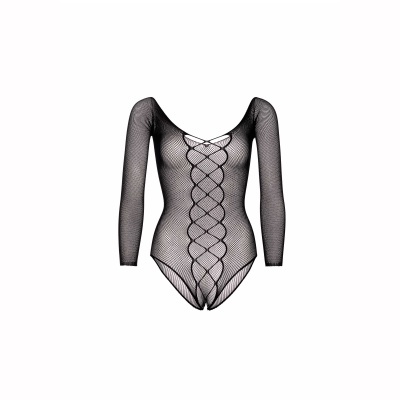 Body feminino preto em malha transparente com tiras cruzadas e mangas compridas