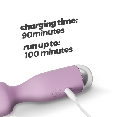 Dispositivo roxo claro com texto tempos de carregamento e funcionamento