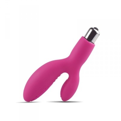 Vibrador cor-de-rosa com duas extremidades e ponta metálica prateada