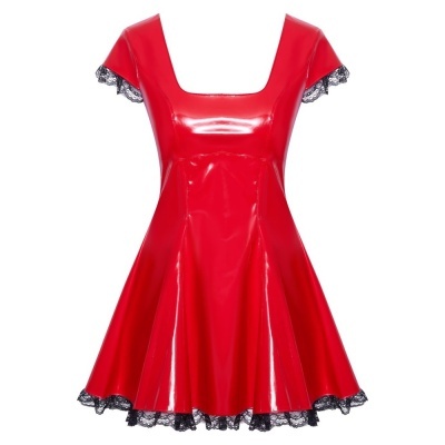 Vestido vermelho brilhante com renda preta nas mangas e barra