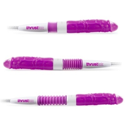 Vibrador cor de rosa com textura veiculada e ranhuras, marca thrustick visível.