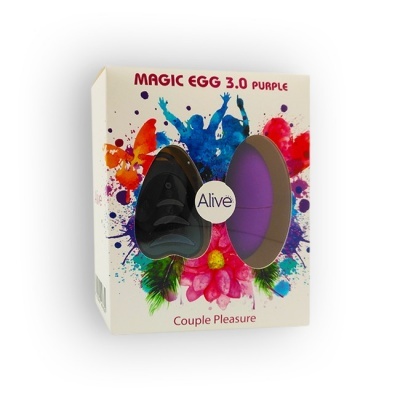 Embalagem branca com dois ovos, texto 'MAGIC EGG 3.0 PURPLE', 'Alive' e 'Couple Pleasure' com fundo colorido e flores