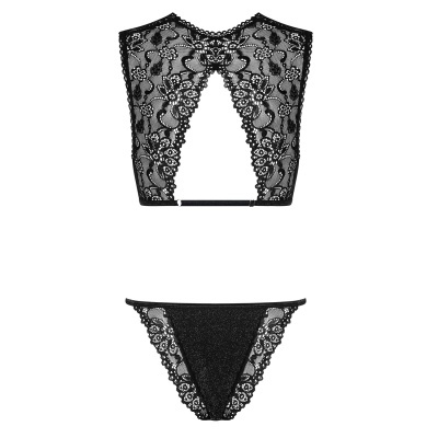 Conjunto de lingerie preta em renda com padrão floral e abertura triangular nas costas