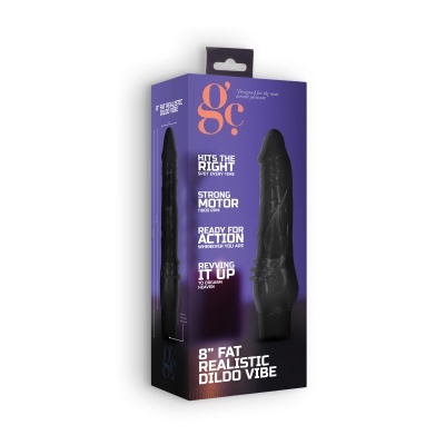 Embalagem de vibrador dildo realístico preto com texto descritivo