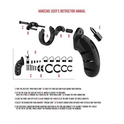 kit preto com peças plásticas rotuladas e manual de instruções em inglês