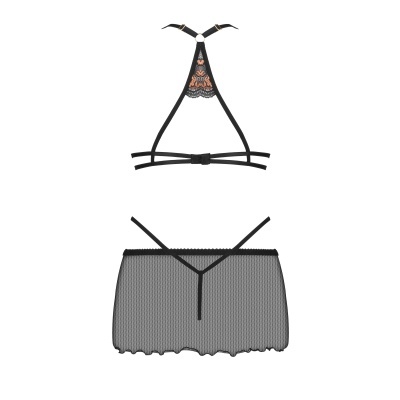 Conjunto lingerie feminino em renda preta com saia curta em tule