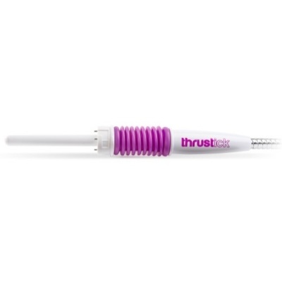 Aparelho branco e roxo com 'thrustick' impresso