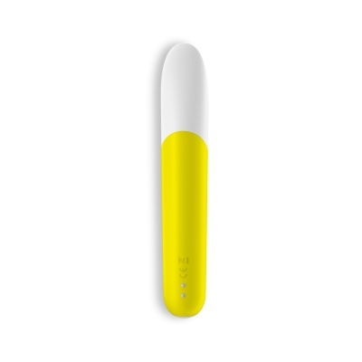 Vibrador branco e amarelo com iluminação e símbolos CE