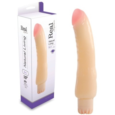 Dildo bege com ponta rosada e embalagem branca e roxa com texto Real Natural Living