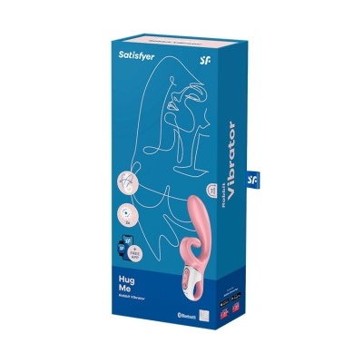 Embalagem de vibrador rosa Satisfyer Hug Me com design azul e elementos gráficos