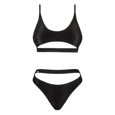 Conjunto de bikini preto com padrão animal subtil e recortes