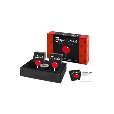 Jogo de cartas erótico com caixa vermelha e preta e cartas pretas com balões de fala vermelhos