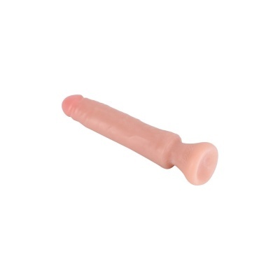 Dildo rosa claro com textura detalhada e base larga.