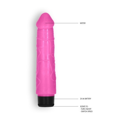 Vibrador rosa com textura, base preta, texto em inglês, fundo branco
