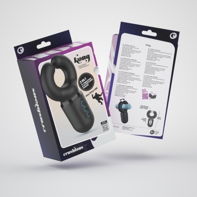 Embalagens do produto kong powered by crushlions com dispositivo preto e embalagem com texto em inglês