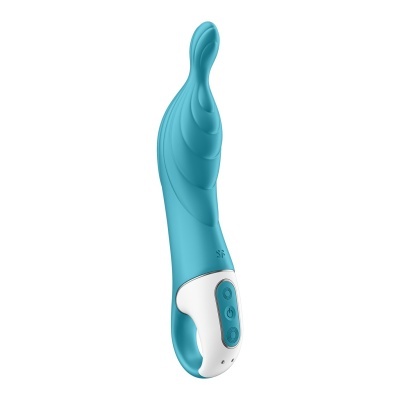 Vibrador azul com controlo branco e três botões