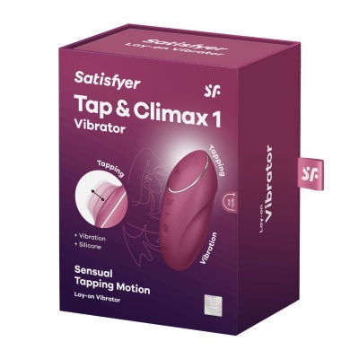 Embalagem roxa do vibrador Satisfyer Tap & Climax 1 com texto e ícones explicativos