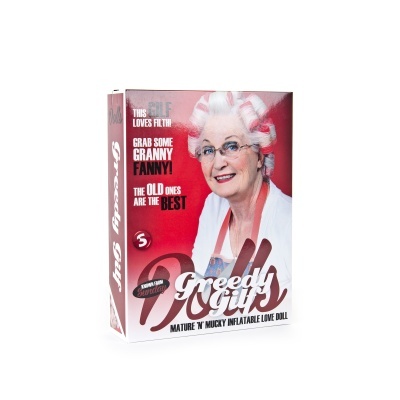 caixa de produto com imagem de mulher idosa e textos promocionais em fundo vermelho