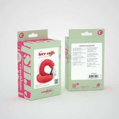 Embalagem verde e rosa para algemas felpudas vermelhas 'love cuffs'