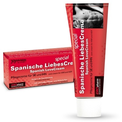 Tubo e caixa vermelhos do produto Spanische LiebesCreme Spanish LoveCream com texto em branco e preto.