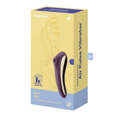 Caixa amarela e azul com vibrador roxo e dourado Satisfyer Dual Kiss