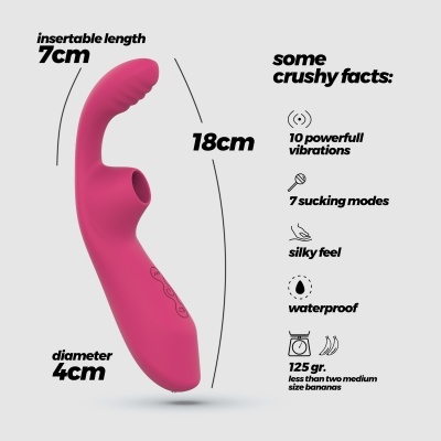 Vibrador rosa com medidas e características técnicas descritas na imagem
