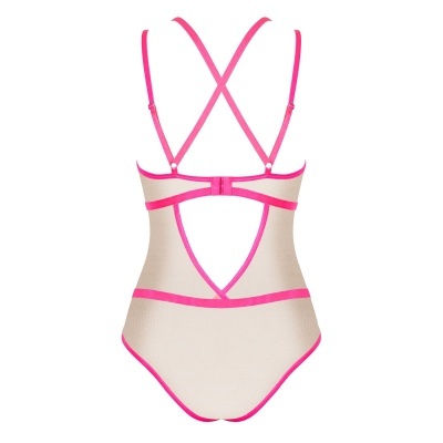 Fato de banho bege transparente com acabamentos e alças rosa brilhante