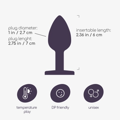 Ilustração de plug roxo com dimensões e ícones de funcionalidades
