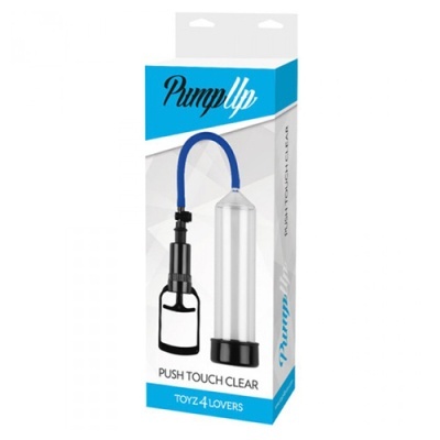 Embalagem do produto Pump Up Push Touch Clear com uma bomba preta, tubo azul e cilindro transparente